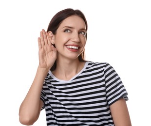 Photo of Woman showing hand to ear gesture on white background