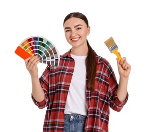 Photo of Portrait of young decorator with color palettes on white background