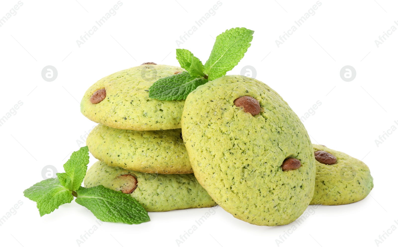 Photo of Delicious mint chocolate chip cookies isolated on white