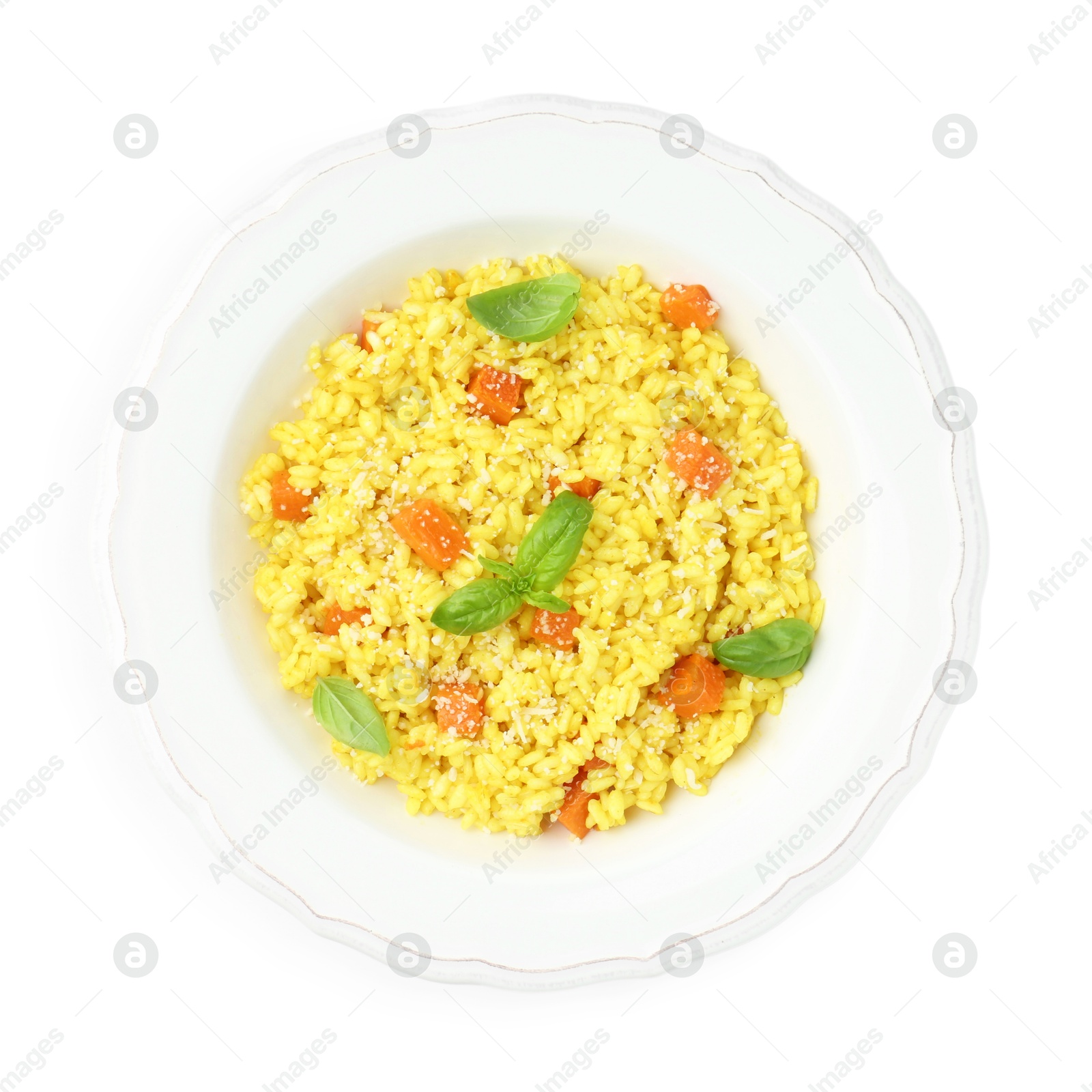 Photo of Delicious pumpkin risotto in bowl isolated on white, top view