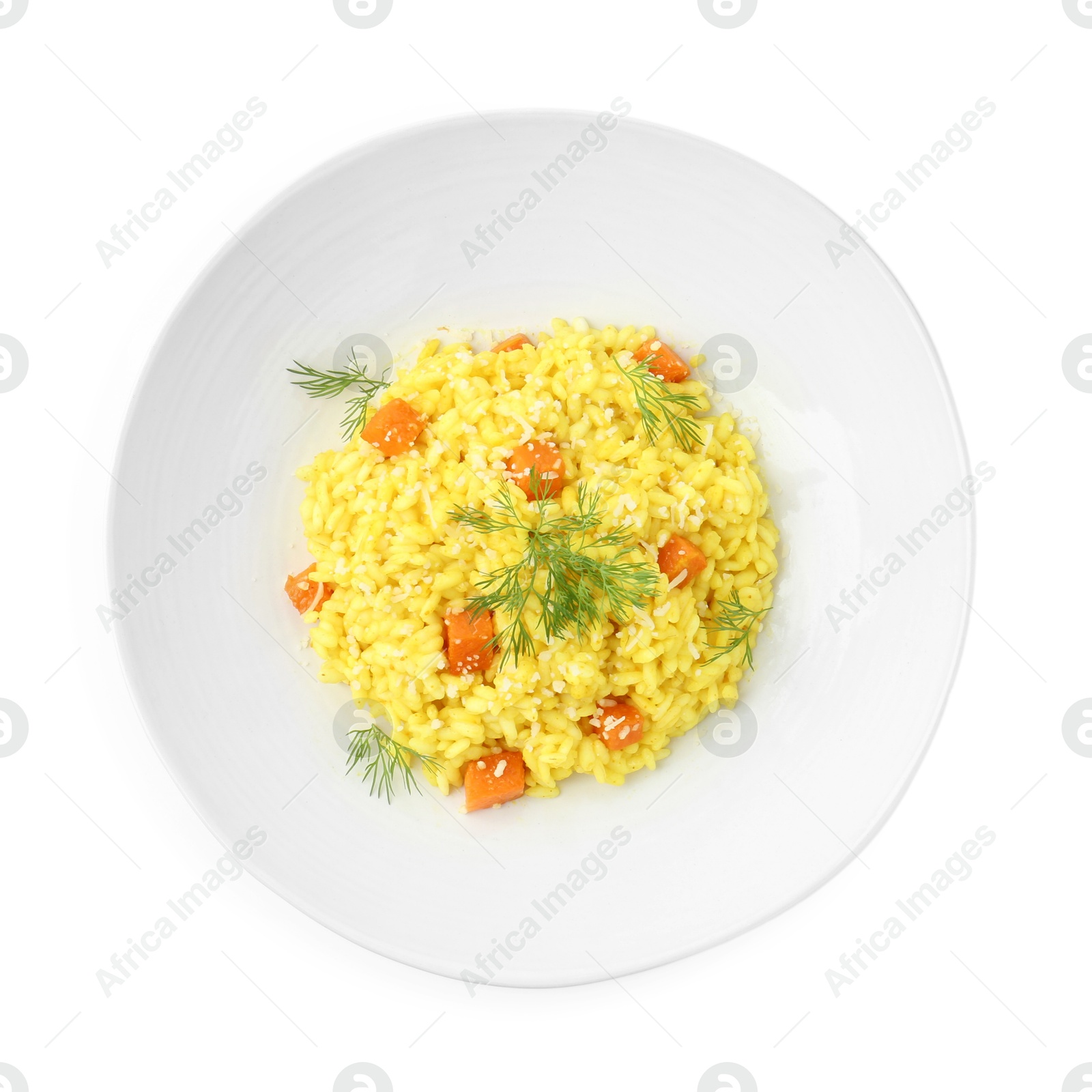 Photo of Delicious pumpkin risotto in bowl isolated on white, top view