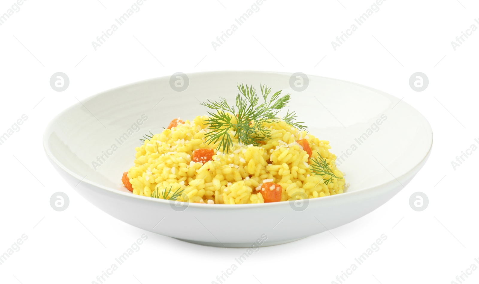 Photo of Delicious pumpkin risotto in bowl isolated on white