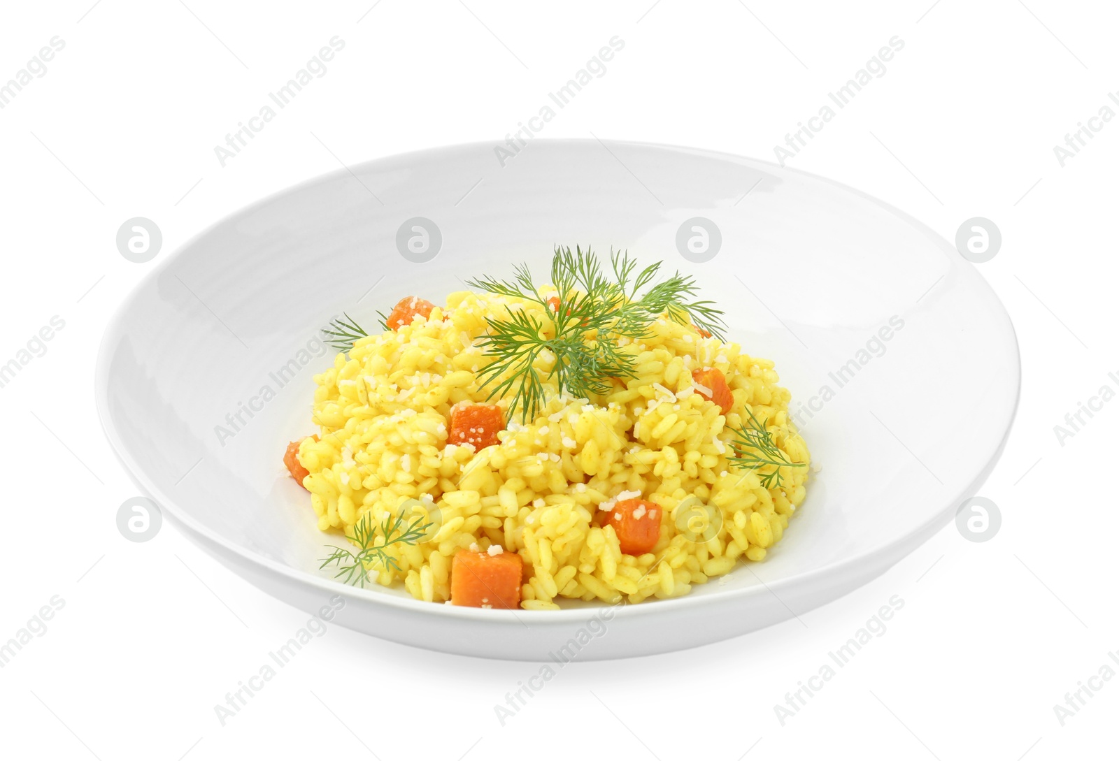 Photo of Delicious pumpkin risotto in bowl isolated on white