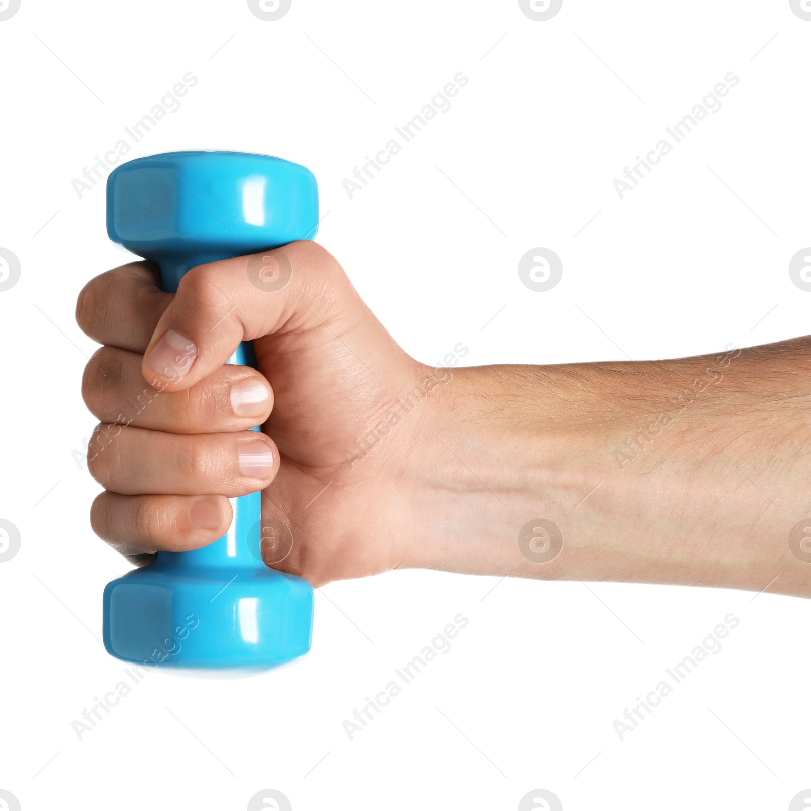 Photo of Man exercising with dumbbell on white background, closeup