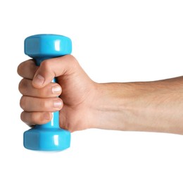 Photo of Man exercising with dumbbell on white background, closeup