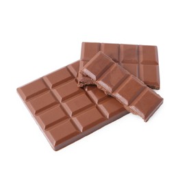 Photo of Pieces of delicious milk chocolate isolated on white