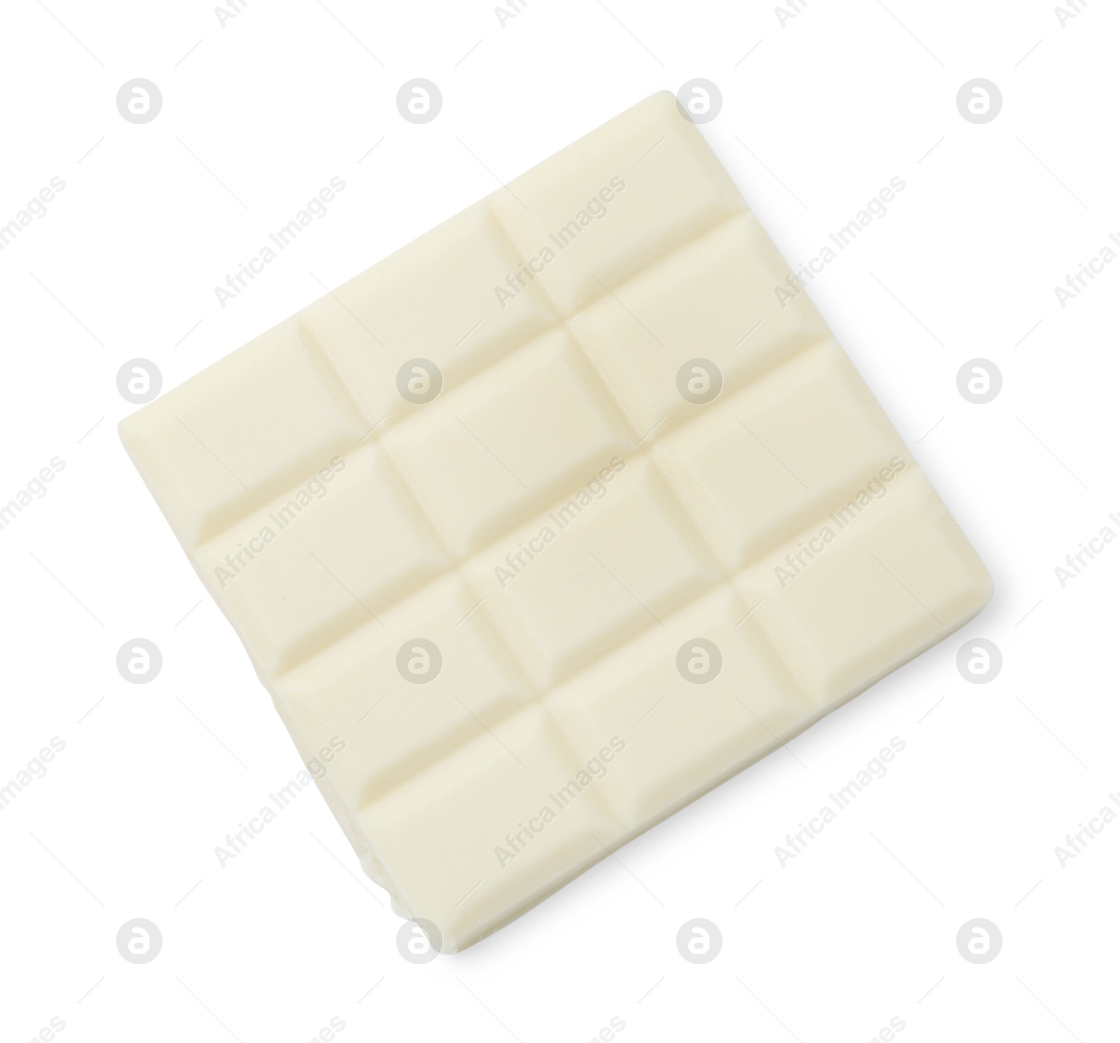 Photo of Piece of white chocolate bar isolated on white, top view