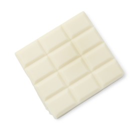 Photo of Piece of white chocolate bar isolated on white, top view