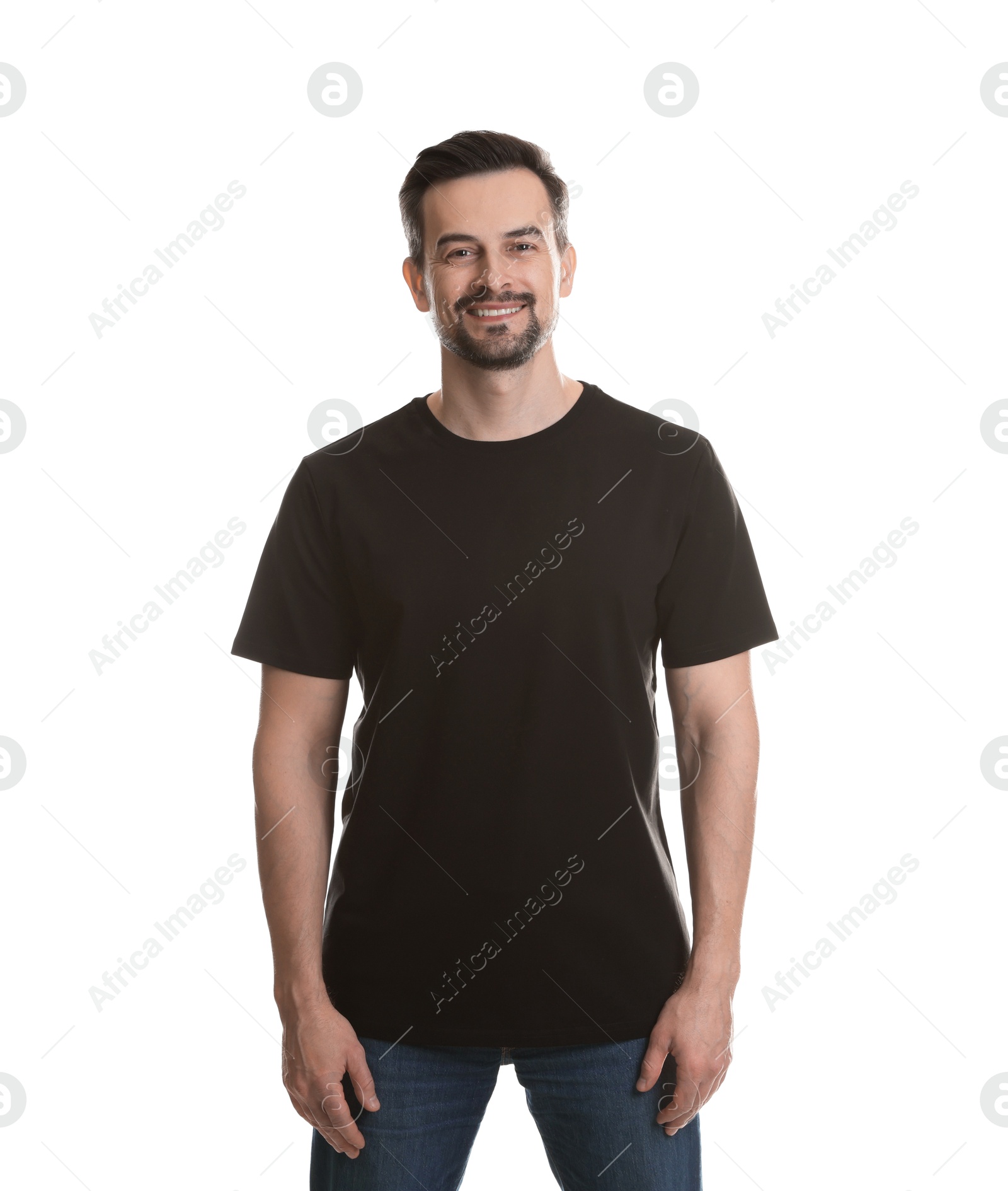 Photo of Man in blank black t-shirt on white background. Mockup for design