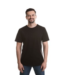 Photo of Man in blank black t-shirt on white background. Mockup for design