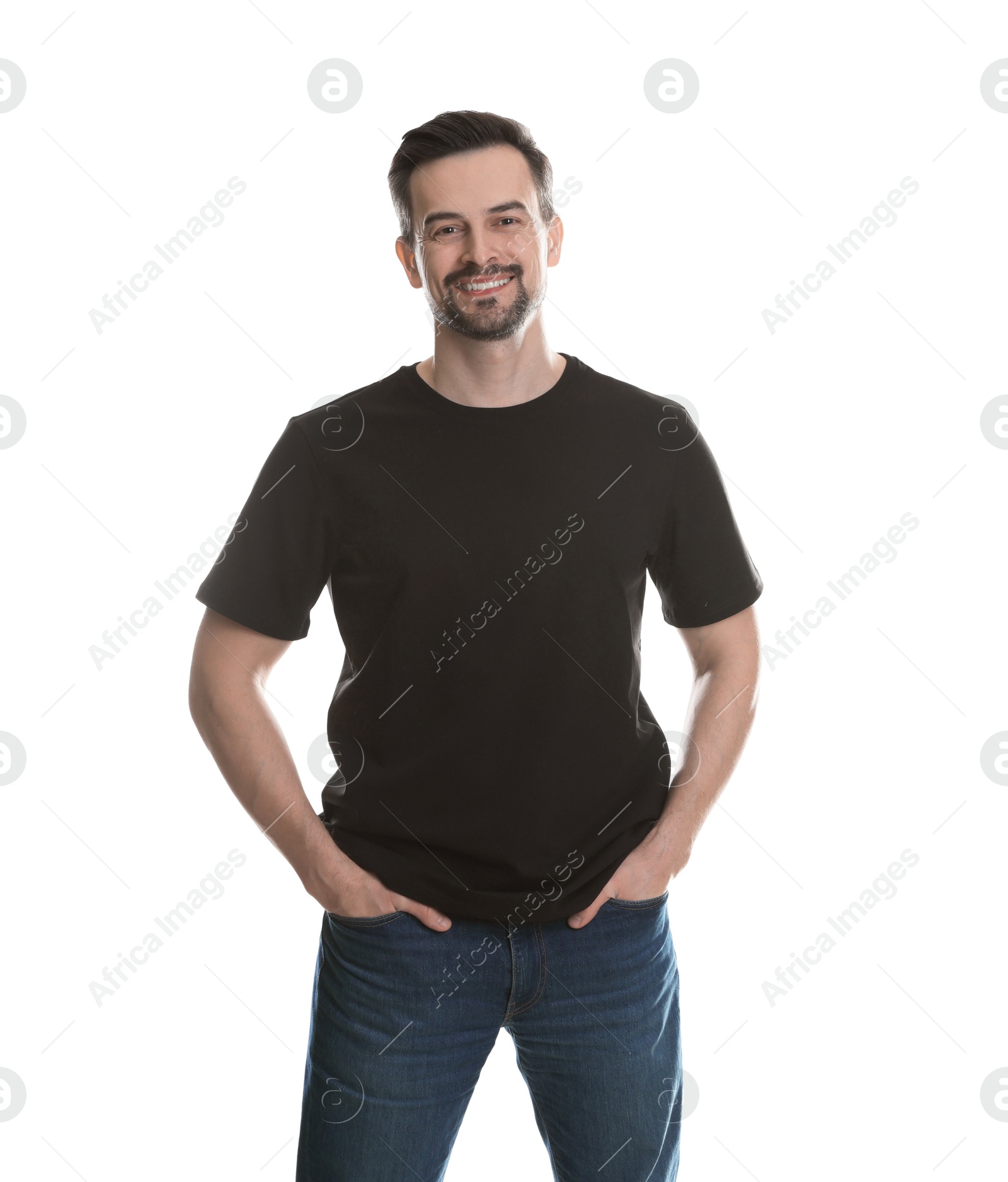 Photo of Man in blank black t-shirt on white background. Mockup for design