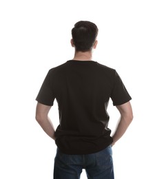 Photo of Man in blank black t-shirt on white background, back view. Mockup for design