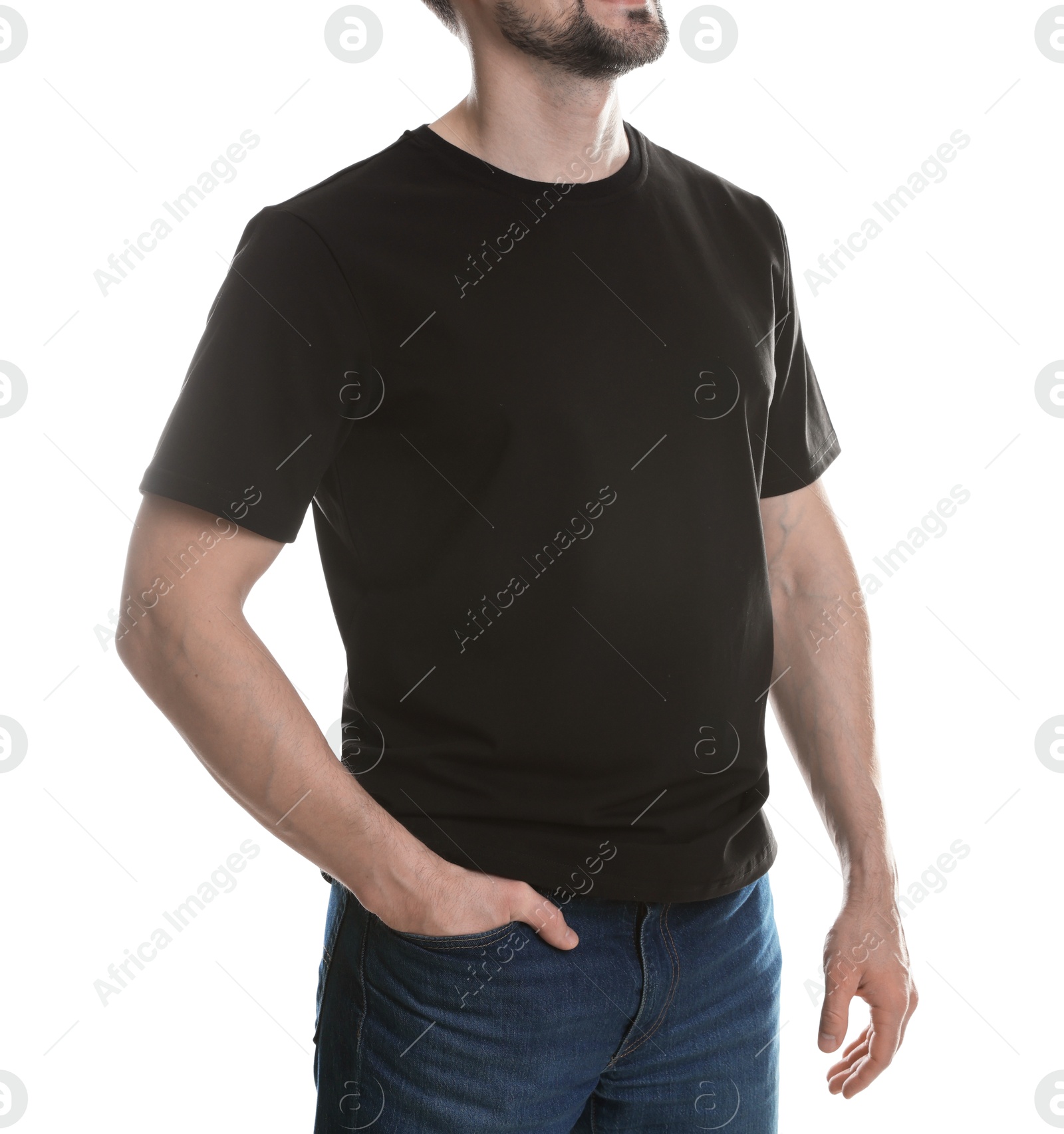 Photo of Man in blank black t-shirt on white background, closeup. Mockup for design