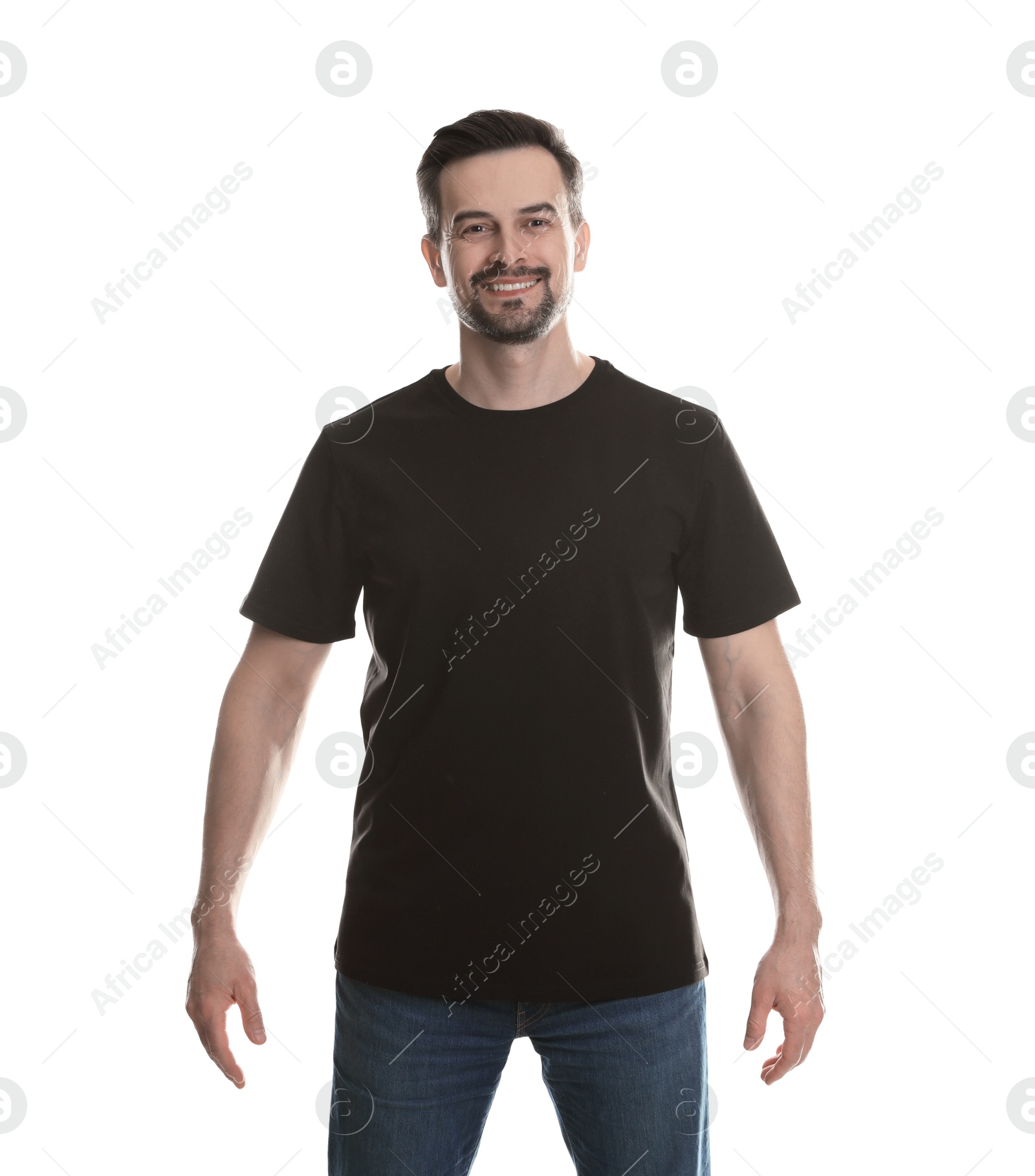 Photo of Man in blank black t-shirt on white background. Mockup for design