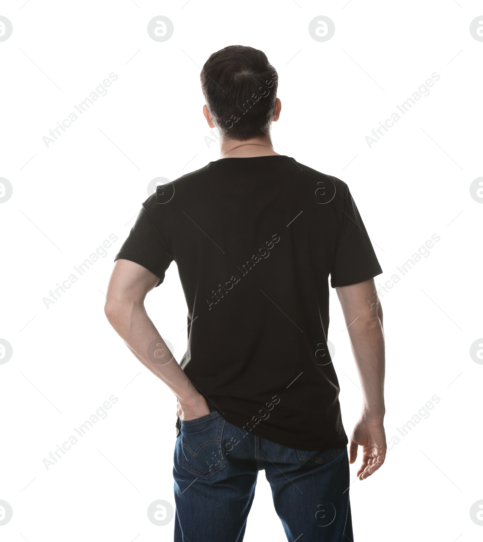 Photo of Man in blank black t-shirt on white background, back view. Mockup for design