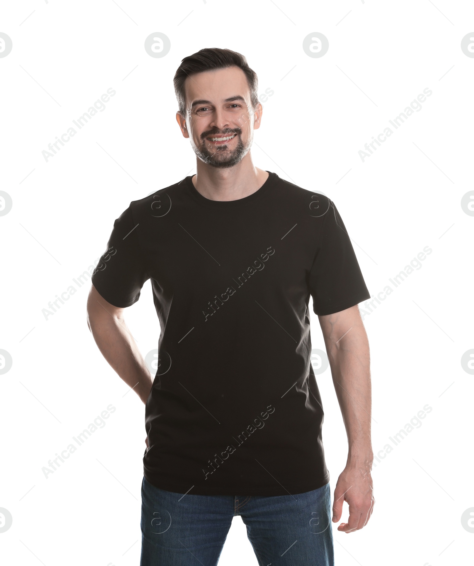 Photo of Man in blank black t-shirt on white background. Mockup for design