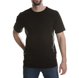 Photo of Man in blank black t-shirt on white background, closeup. Mockup for design