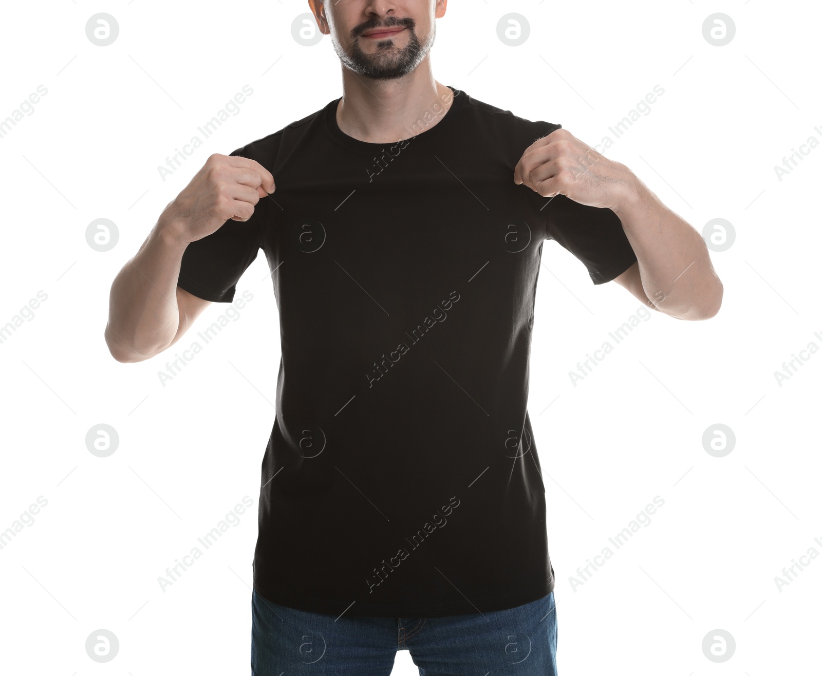 Photo of Man in blank black t-shirt on white background, closeup. Mockup for design