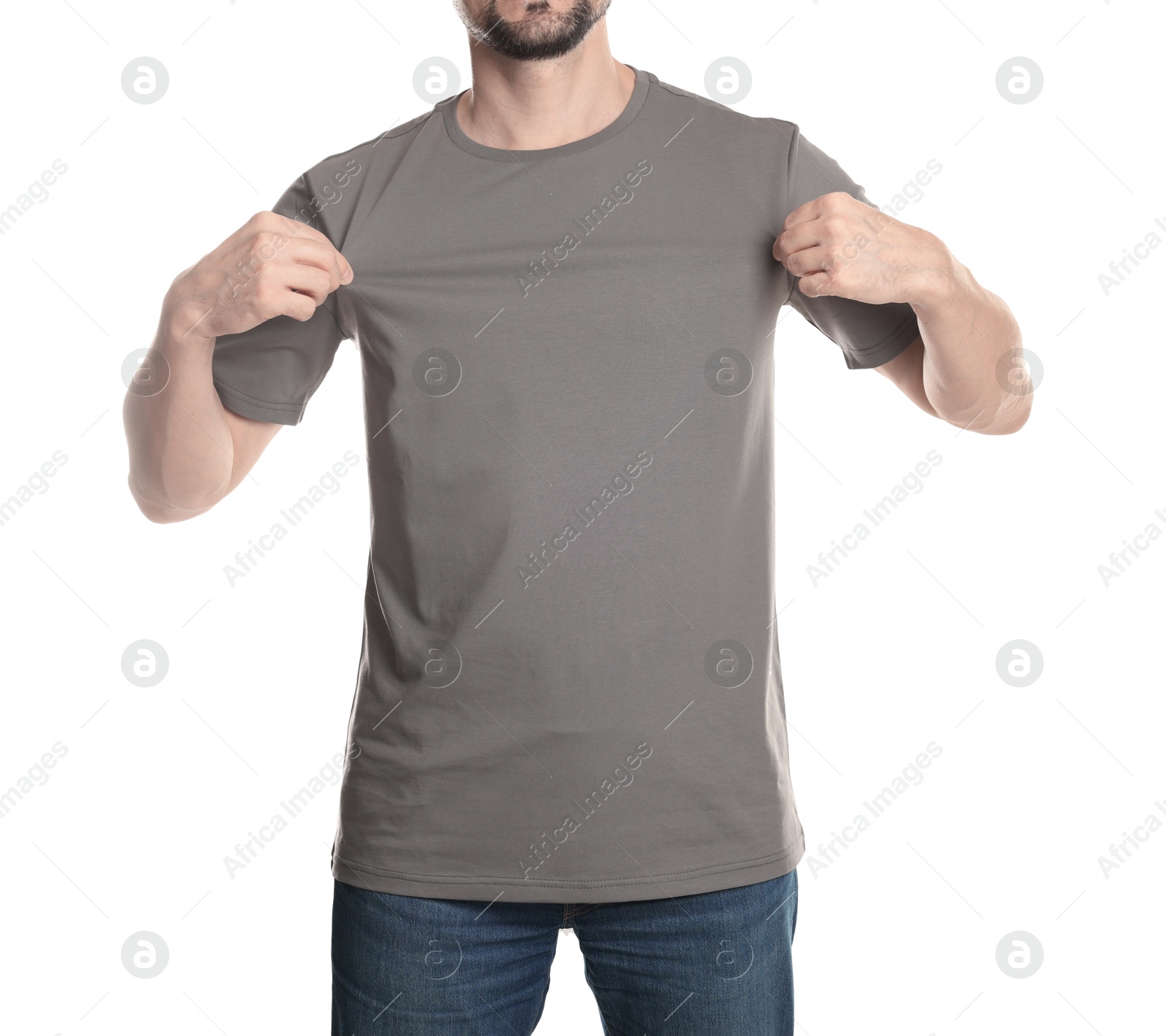 Photo of Man in blank grey t-shirt on white background, closeup. Mockup for design