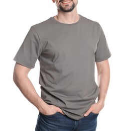 Photo of Man in blank grey t-shirt on white background, closeup. Mockup for design