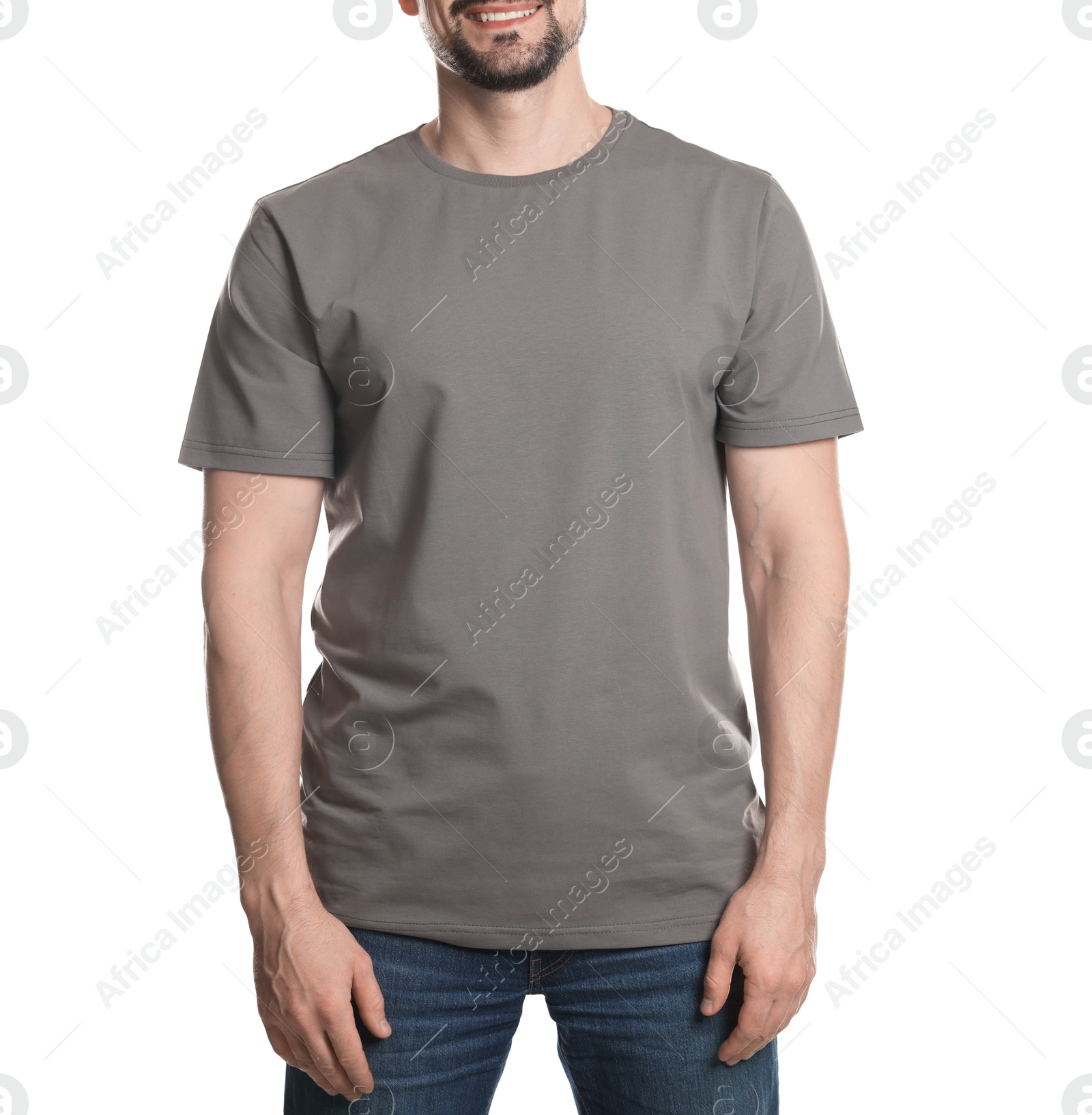 Photo of Man in blank grey t-shirt on white background, closeup. Mockup for design