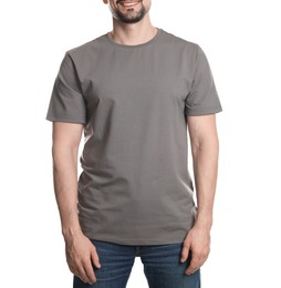 Photo of Man in blank grey t-shirt on white background, closeup. Mockup for design