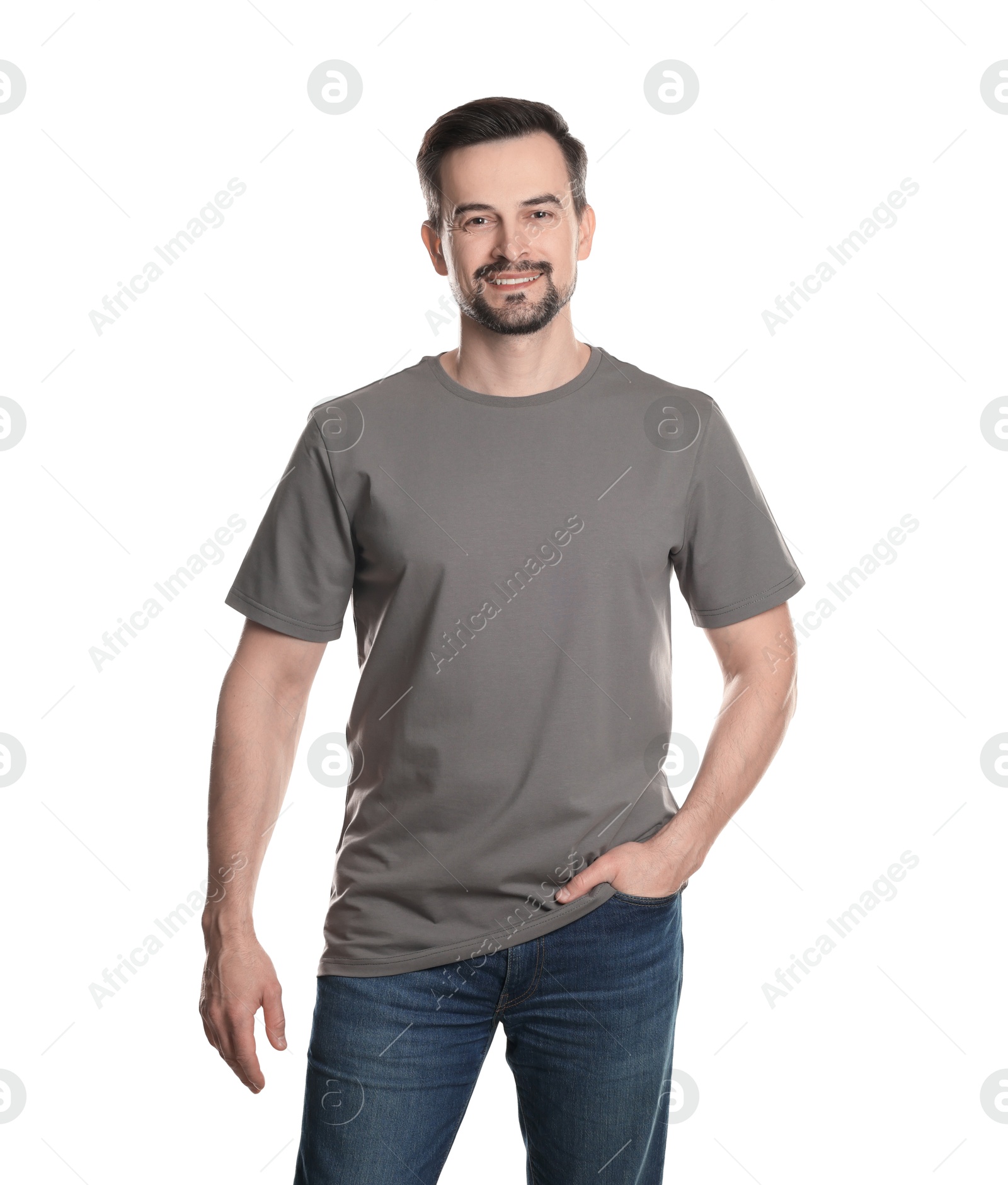 Photo of Man in blank grey t-shirt on white background. Mockup for design