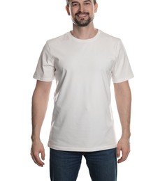 Photo of Man in blank t-shirt on white background, closeup. Mockup for design