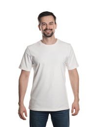 Photo of Man in blank t-shirt on white background. Mockup for design