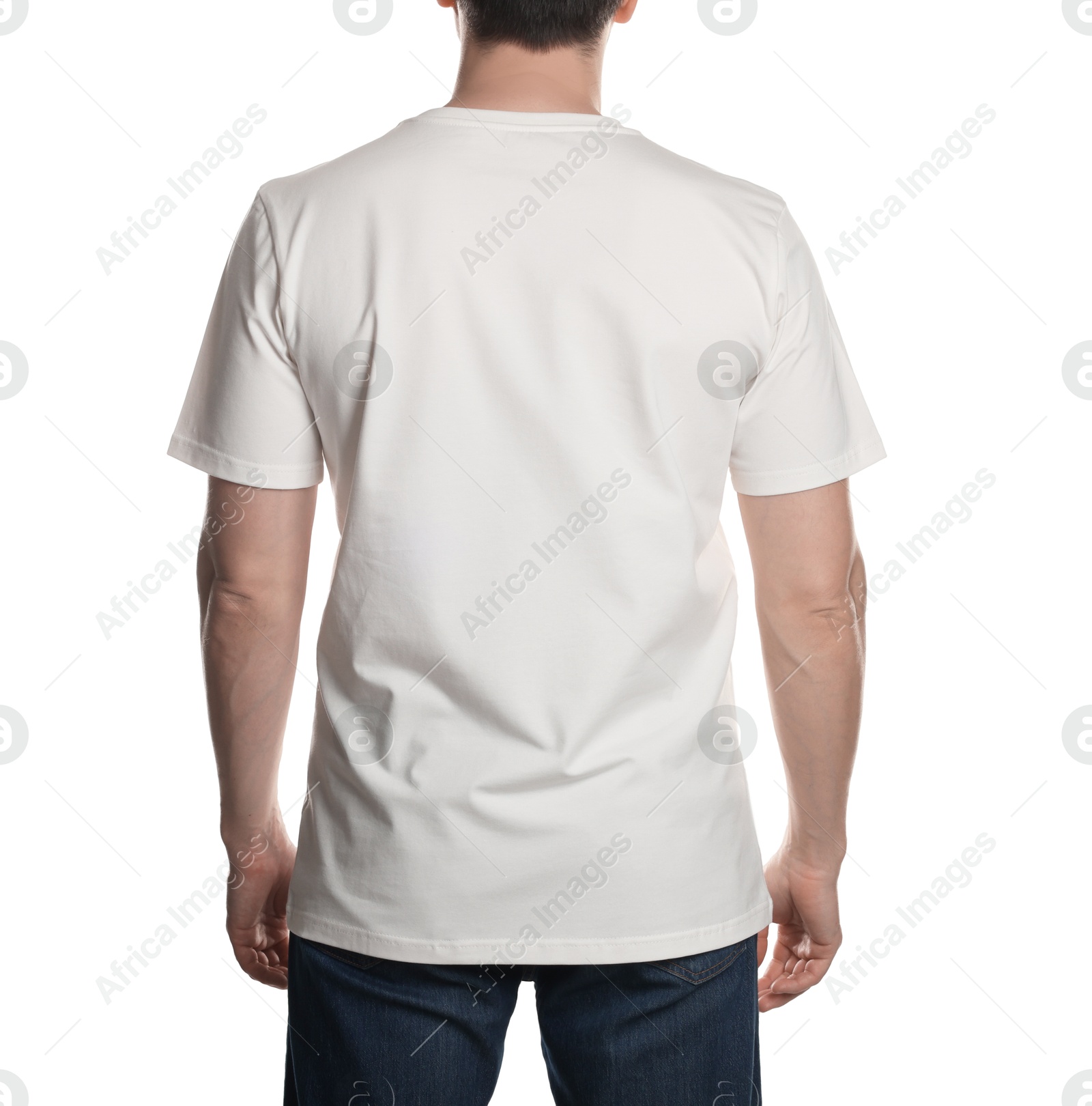 Photo of Man in blank t-shirt on white background, back view. Mockup for design