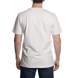 Photo of Man in blank t-shirt on white background, back view. Mockup for design