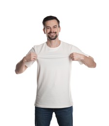 Photo of Man in blank t-shirt on white background. Mockup for design