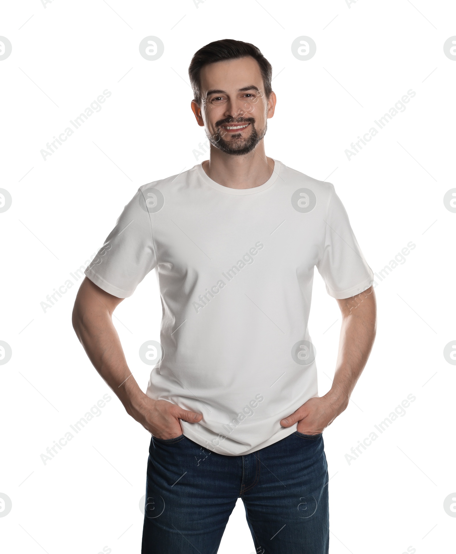 Photo of Man in blank t-shirt on white background. Mockup for design