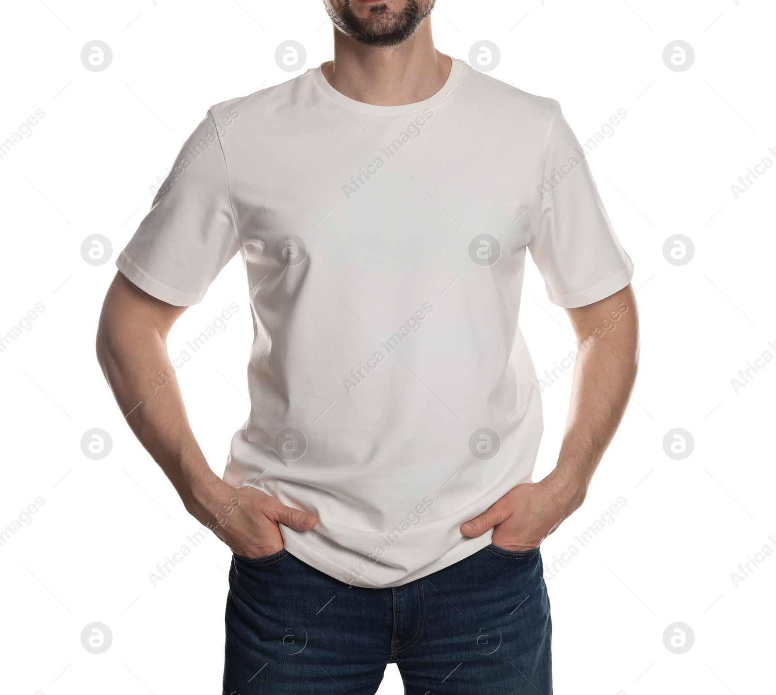 Photo of Man in blank t-shirt on white background, closeup. Mockup for design