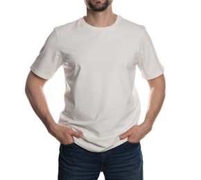 Photo of Man in blank t-shirt on white background, closeup. Mockup for design