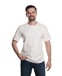 Photo of Man in blank t-shirt on white background. Mockup for design