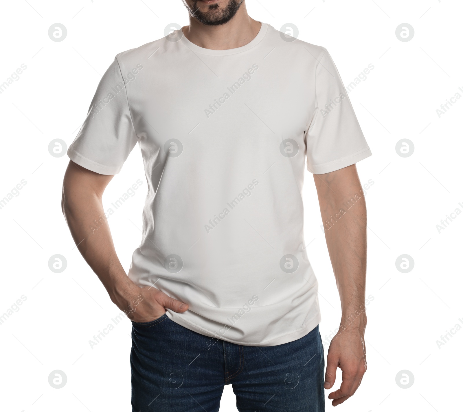 Photo of Man in blank t-shirt on white background, closeup. Mockup for design