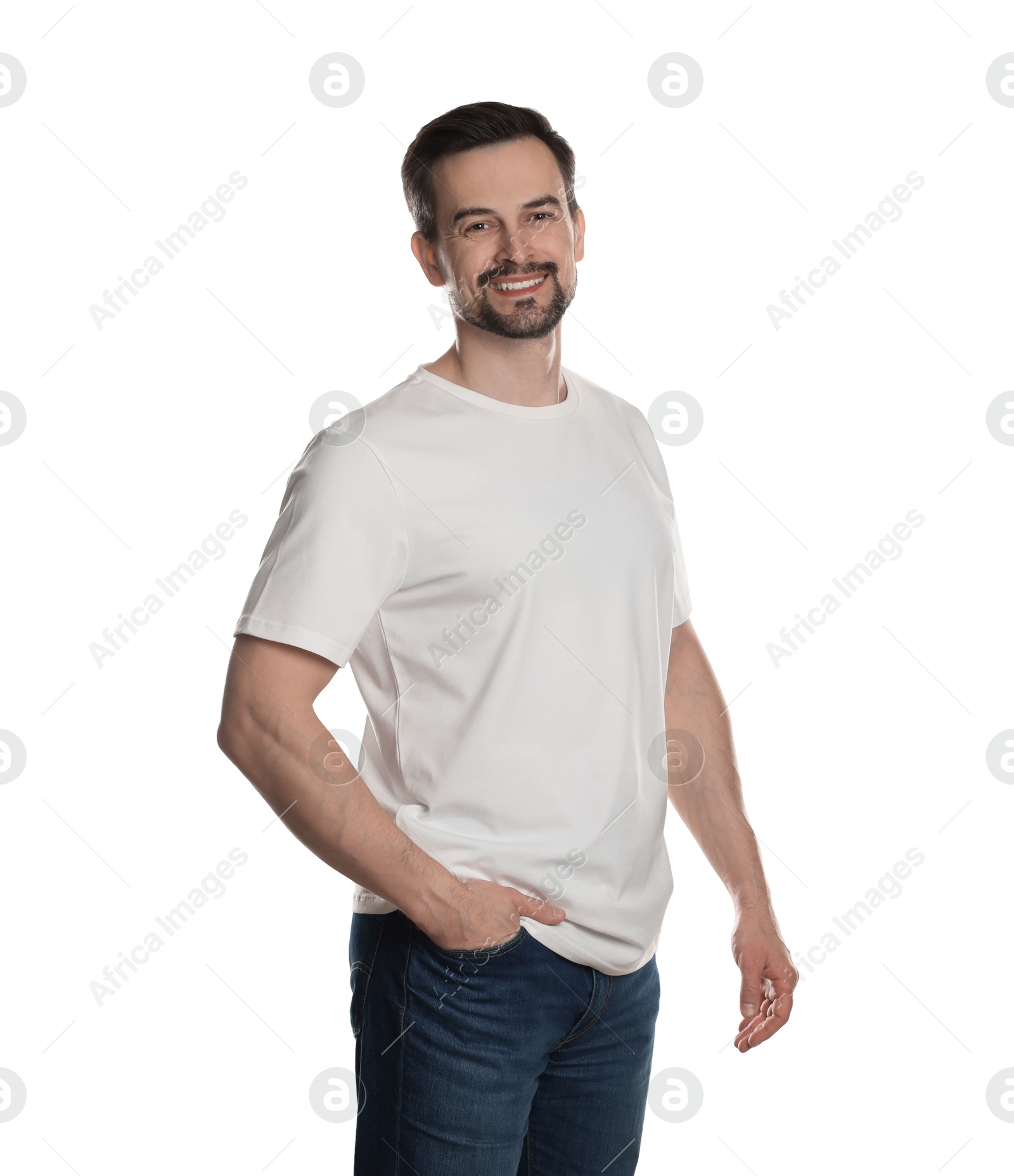 Photo of Man in blank t-shirt on white background. Mockup for design