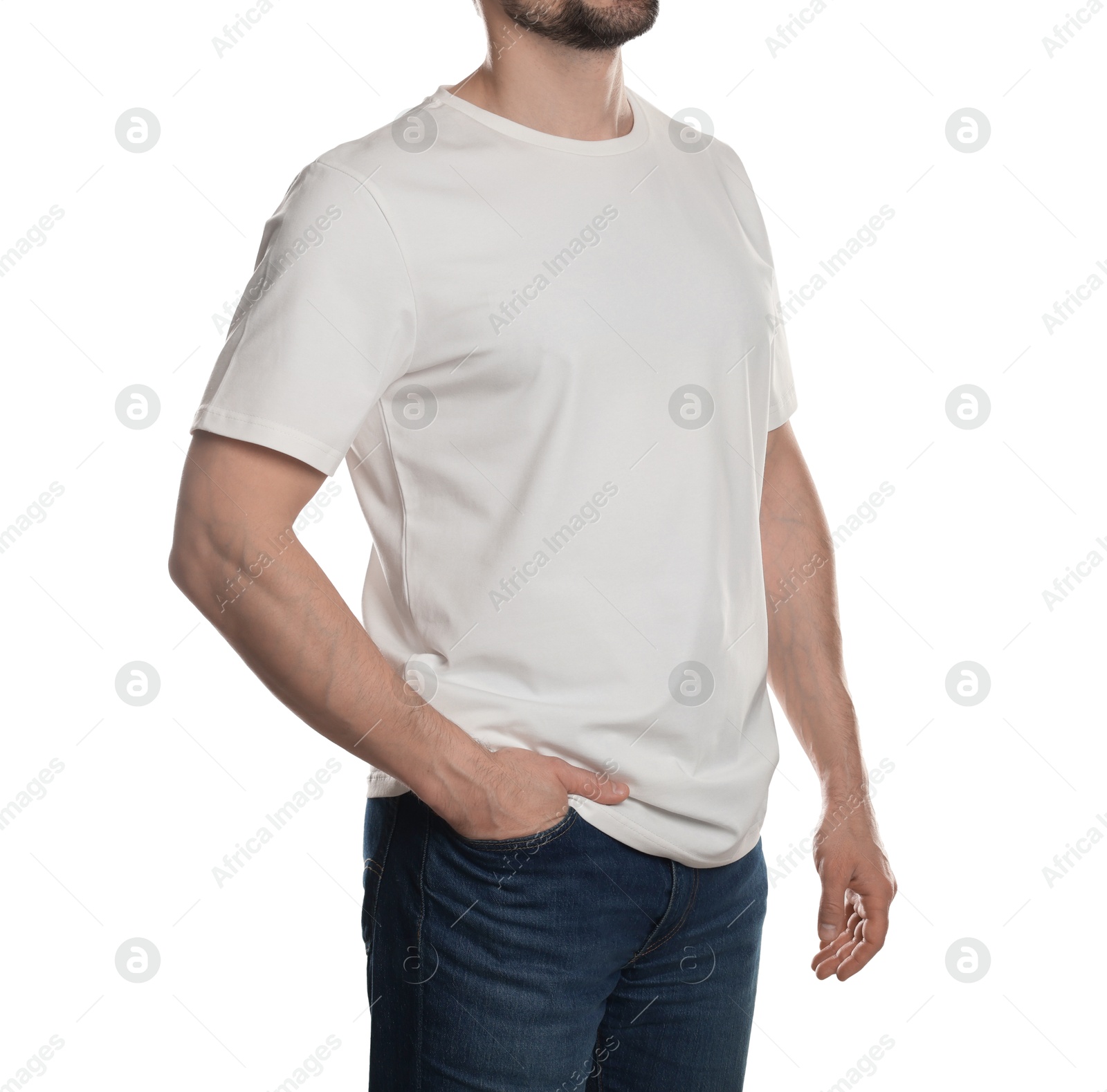 Photo of Man in blank t-shirt on white background, closeup. Mockup for design