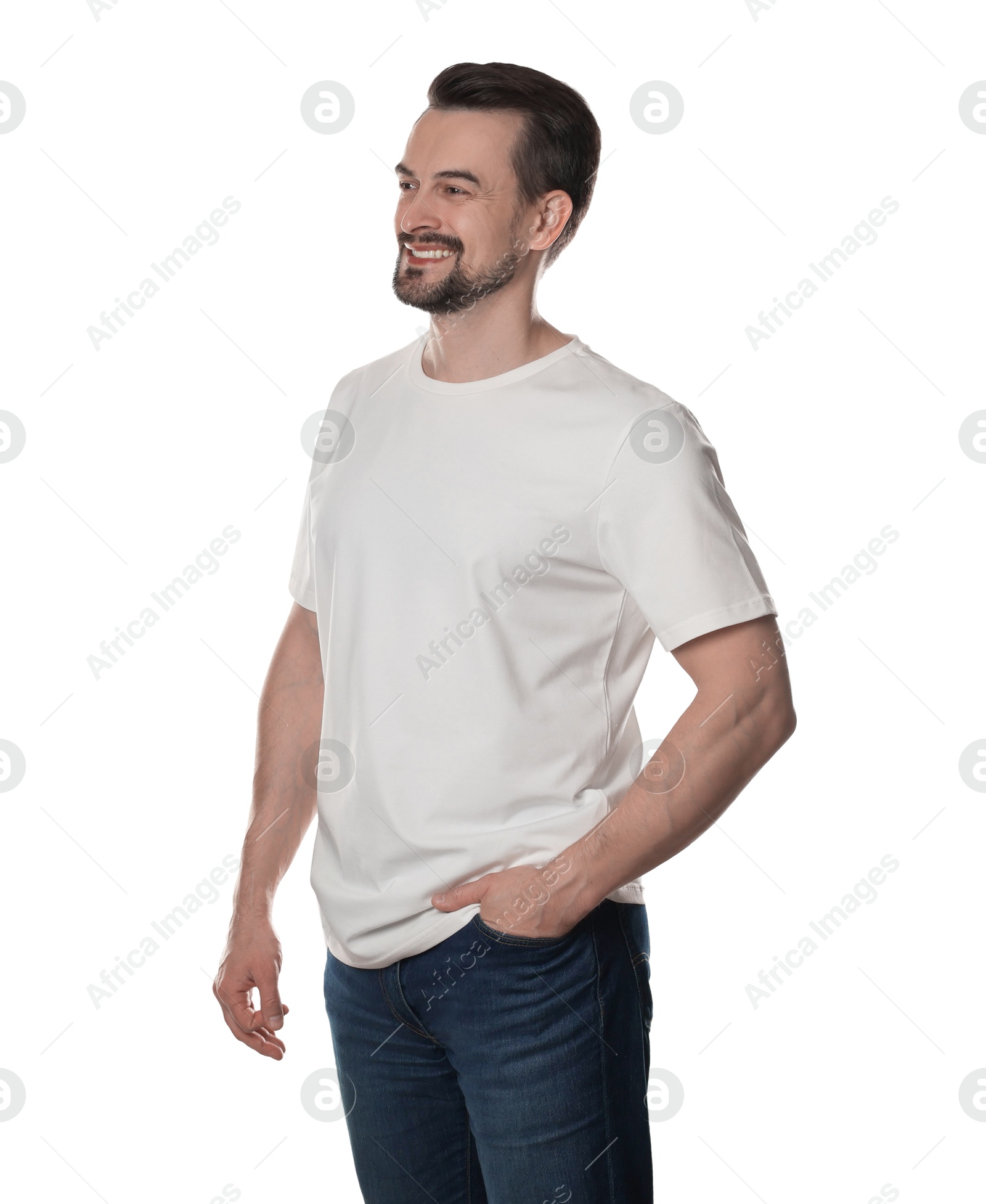 Photo of Man in blank t-shirt on white background. Mockup for design