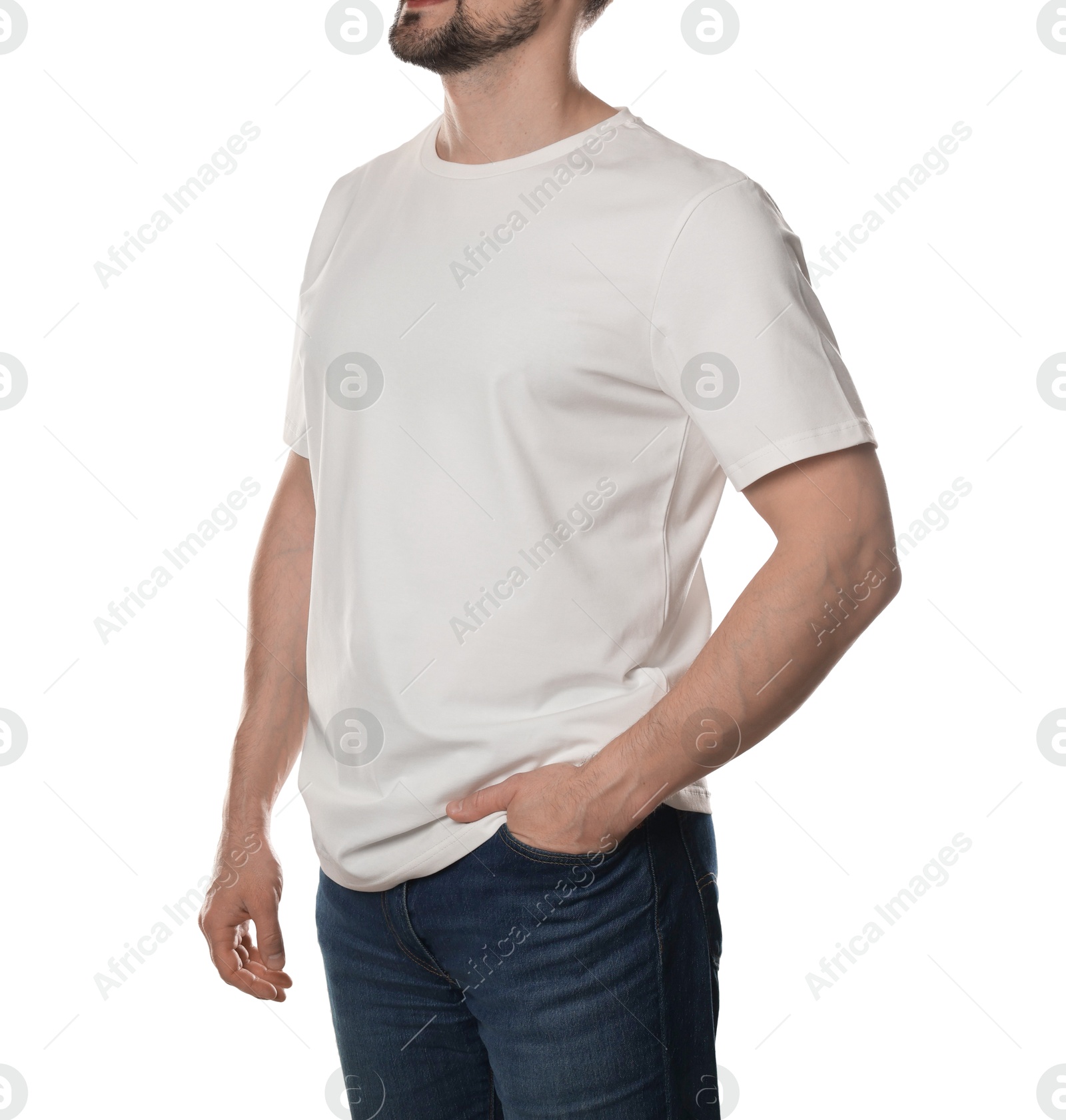 Photo of Man in blank t-shirt on white background, closeup. Mockup for design