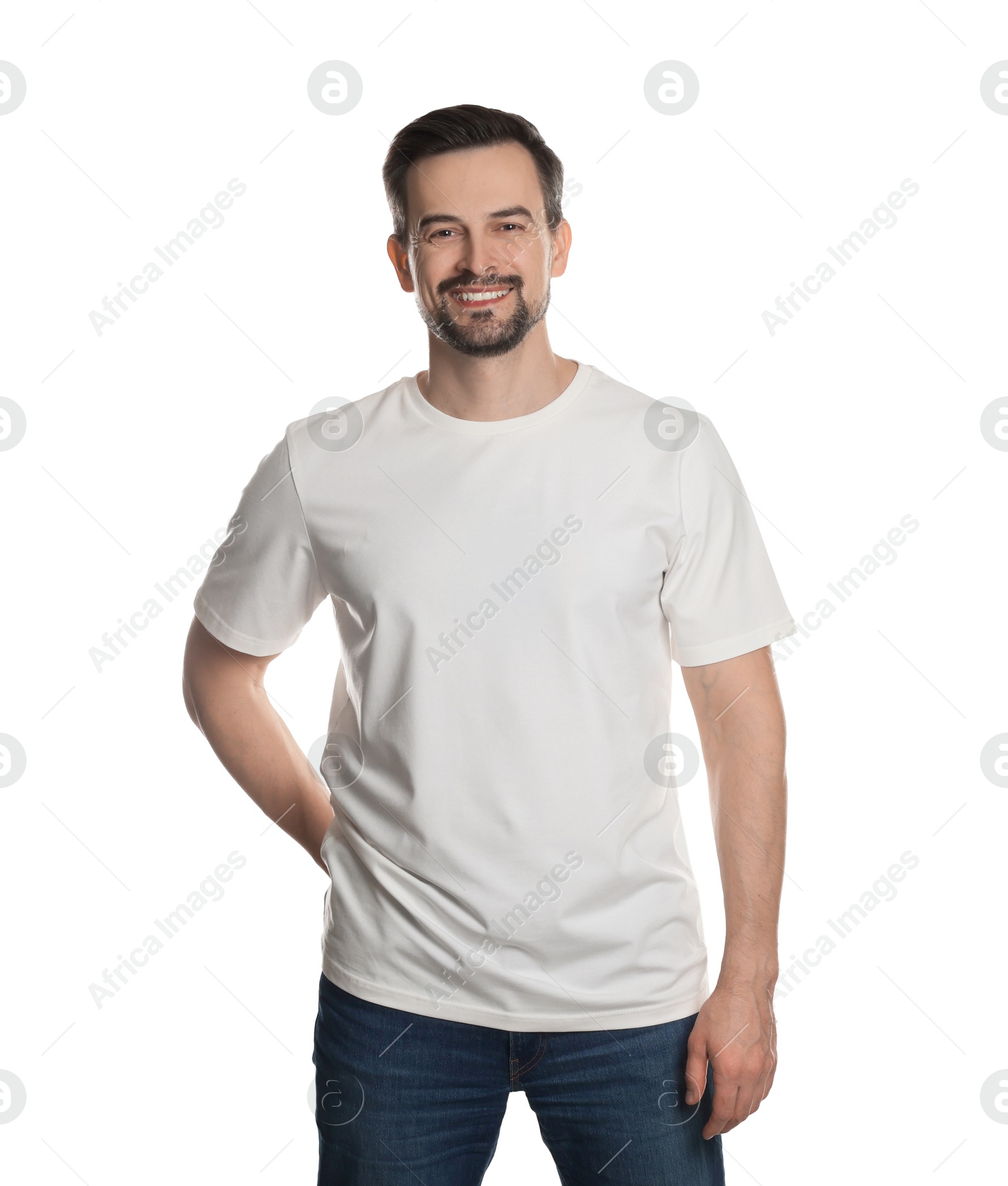 Photo of Man in blank t-shirt on white background. Mockup for design