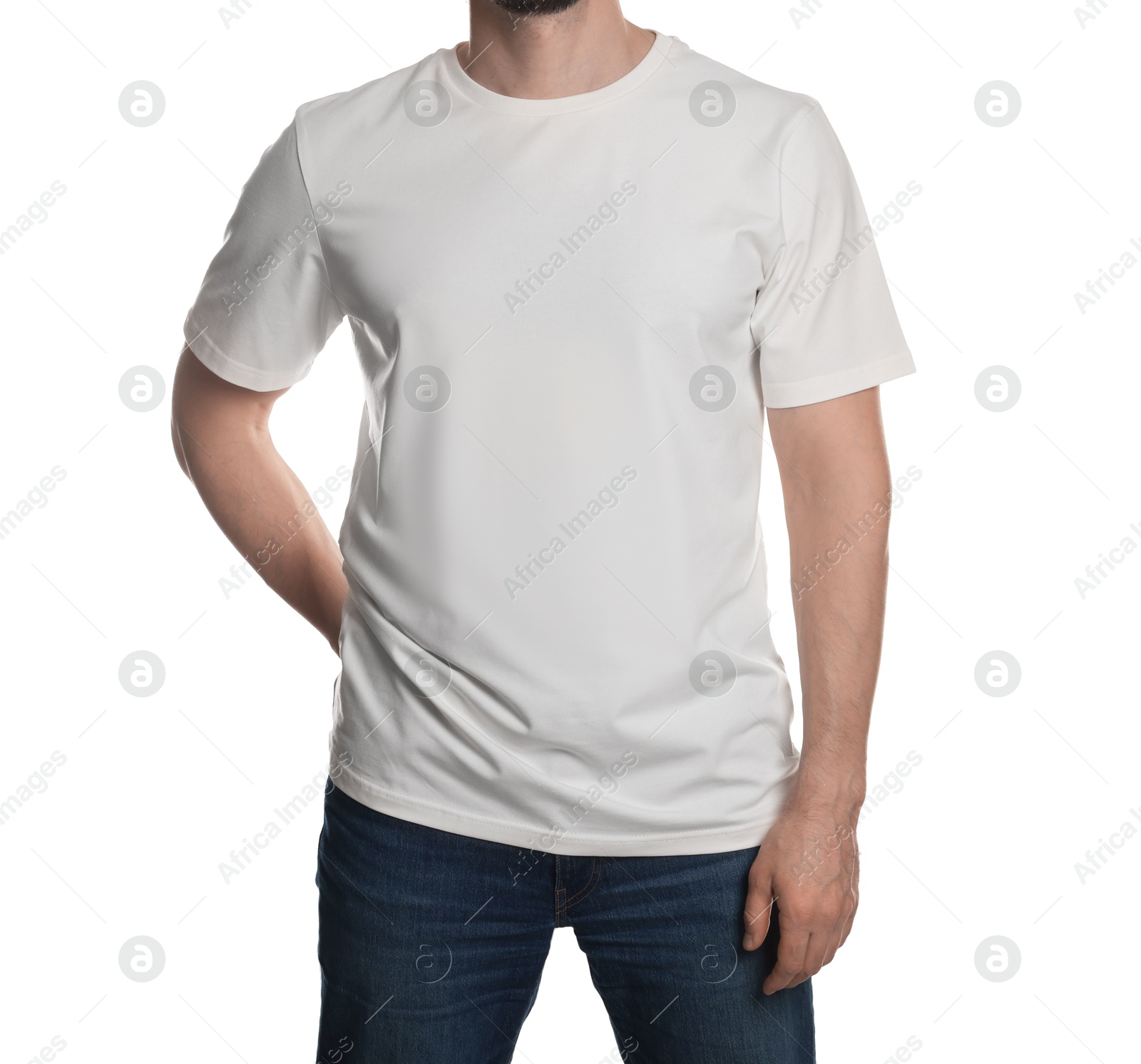 Photo of Man in blank t-shirt on white background, closeup. Mockup for design