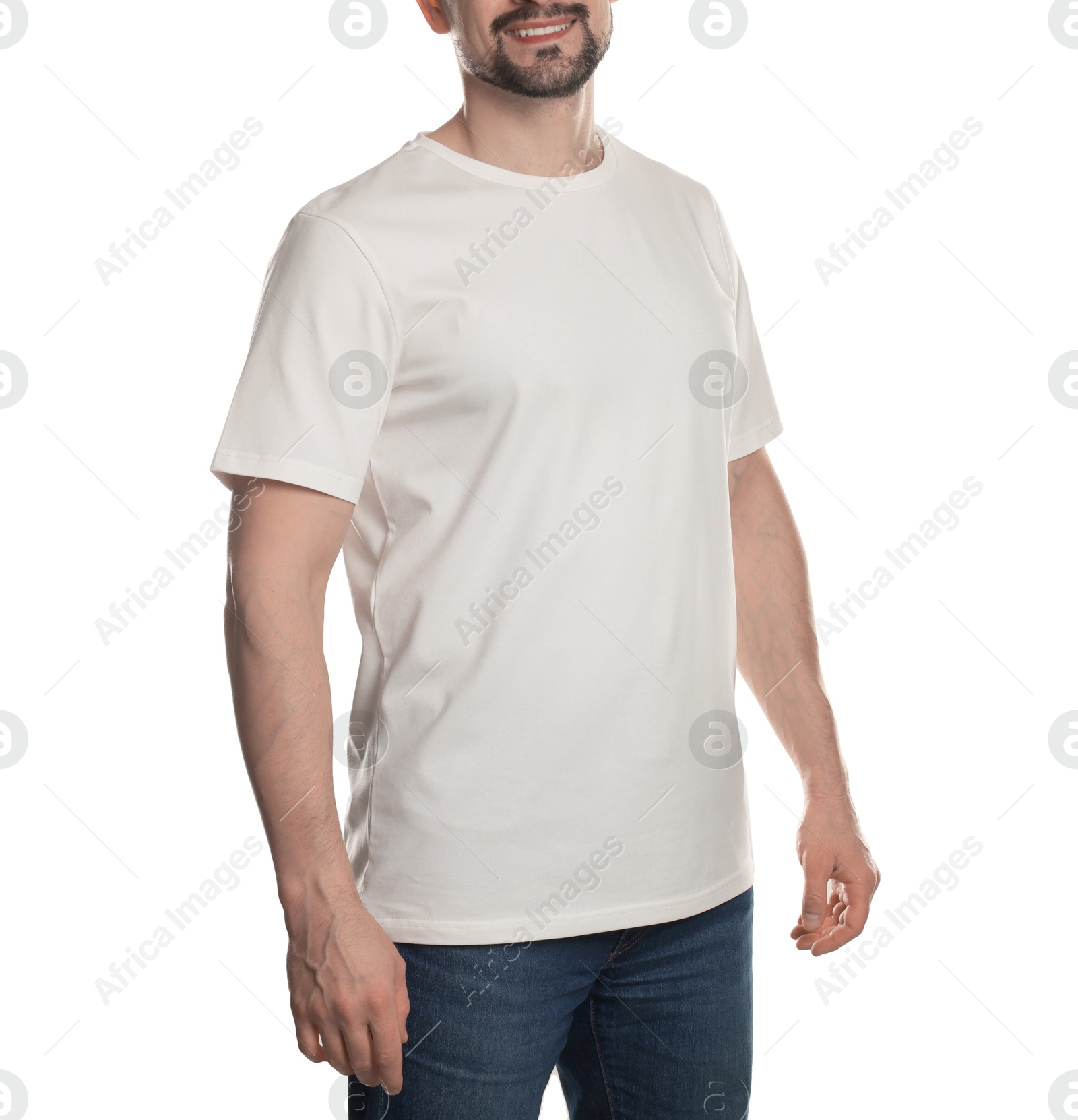 Photo of Man in blank t-shirt on white background, closeup. Mockup for design