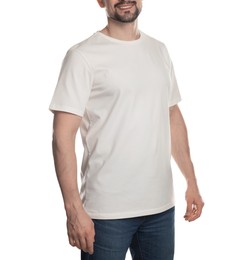 Photo of Man in blank t-shirt on white background, closeup. Mockup for design