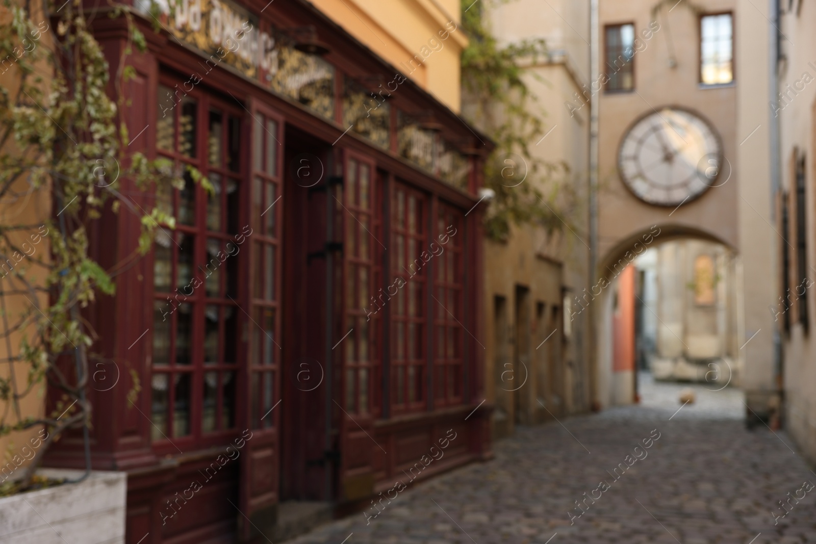 Photo of Blurred view of beautiful buildings on city street