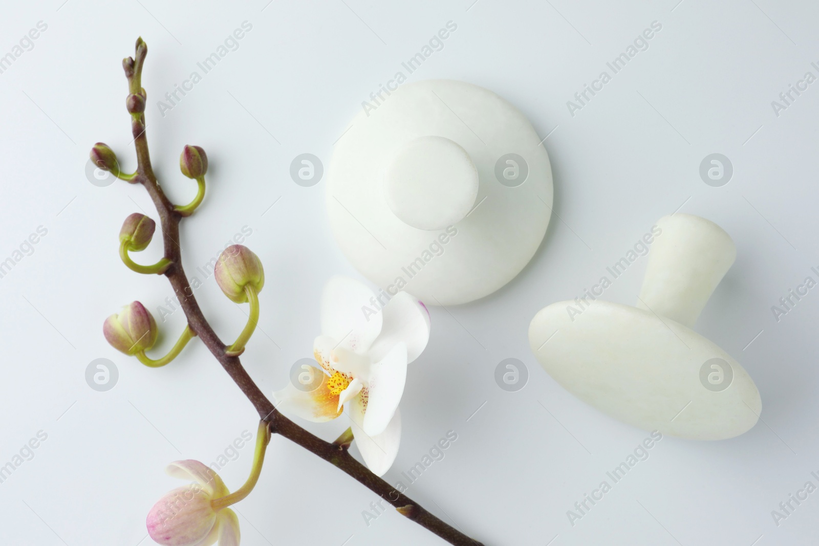 Photo of Spa stones and orchid branch on white background, flat lay