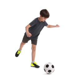 Photo of Boy with soccer ball playing football on white background