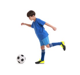 Photo of Boy with soccer ball playing football on white background