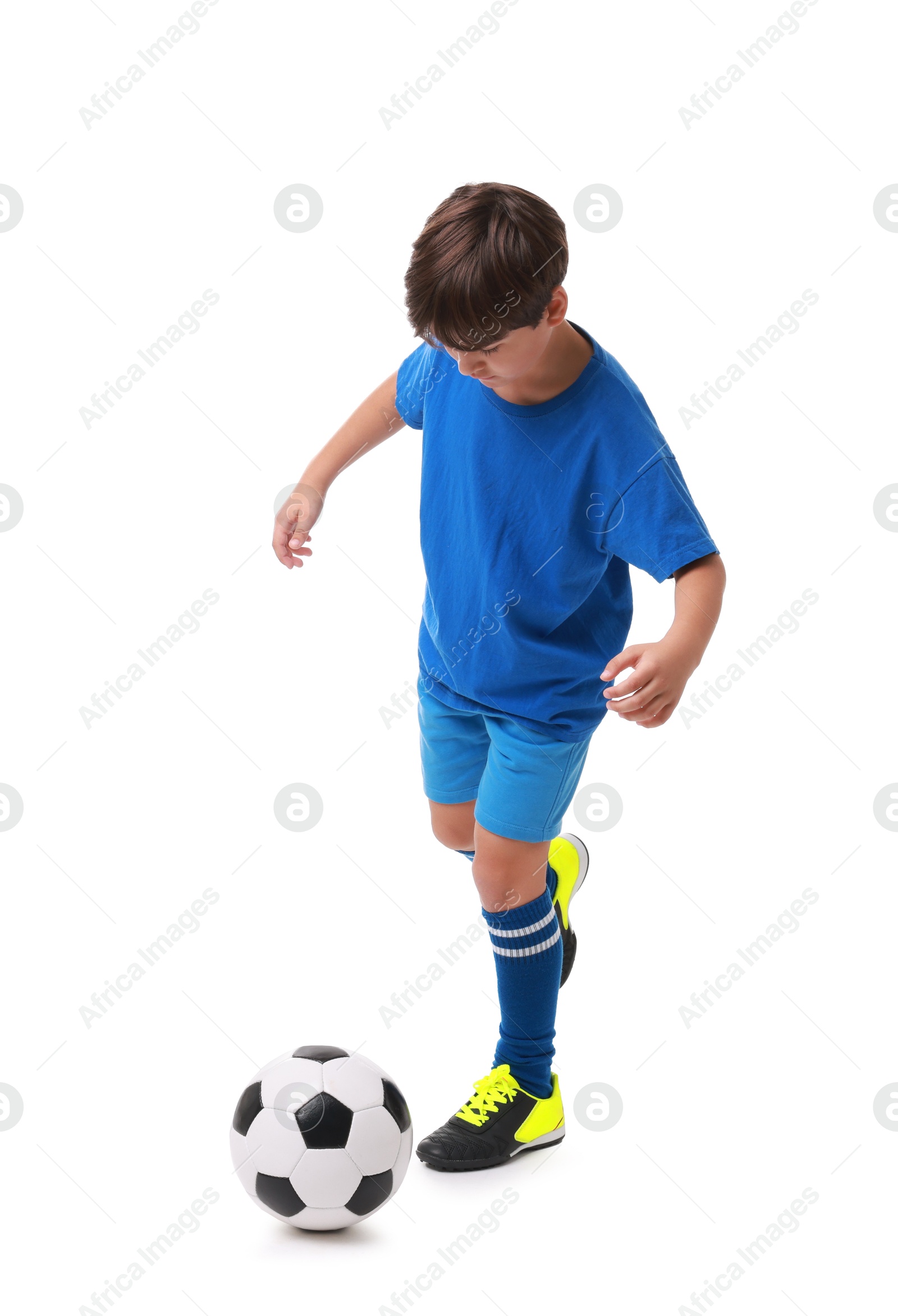 Photo of Boy with soccer ball playing football on white background